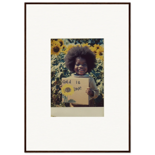 Framed vintage photo of a sign in a sunflower field for Sunflower Celestial Harmony