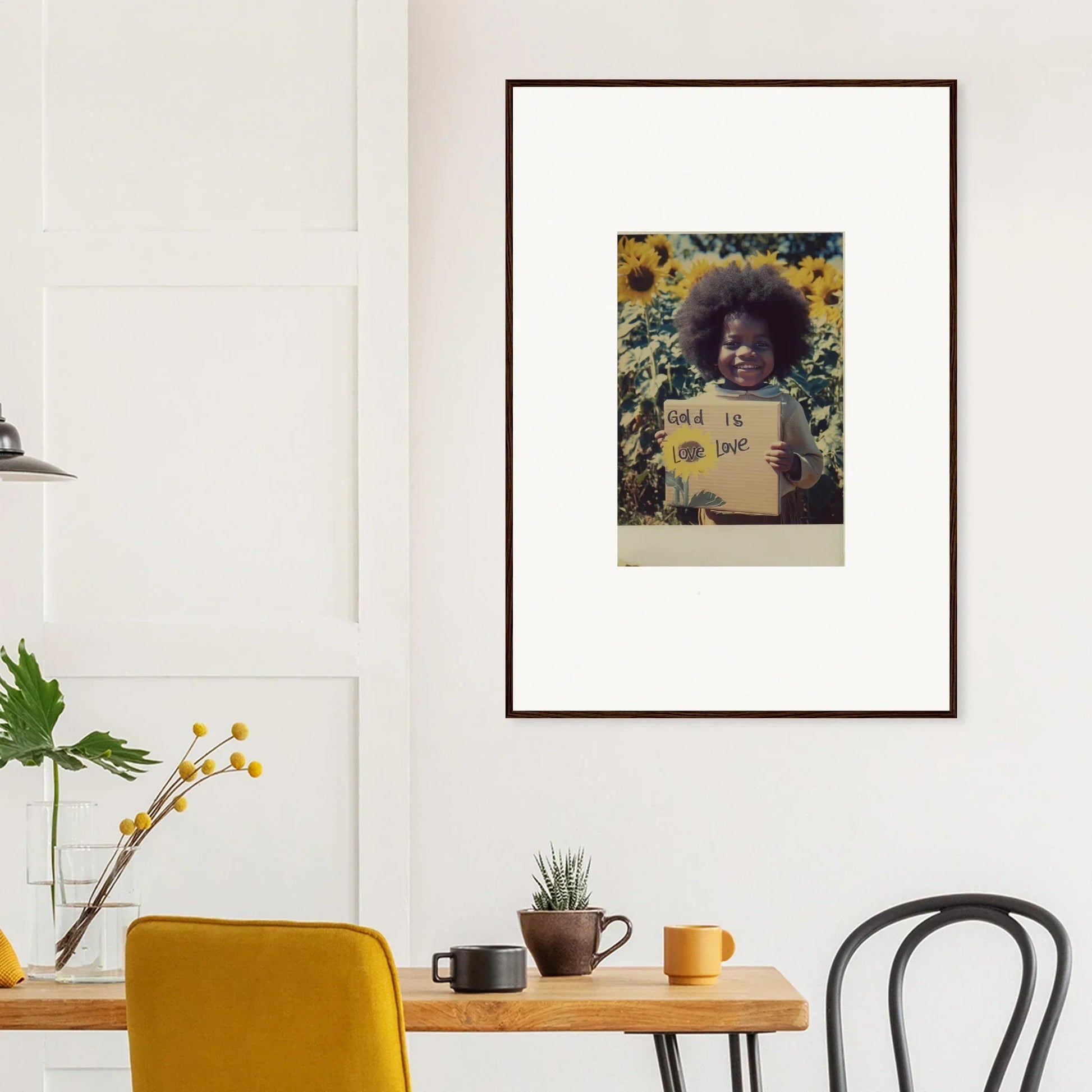 Framed Sunflower Celestial Harmony art on a white wall with a dark brown border