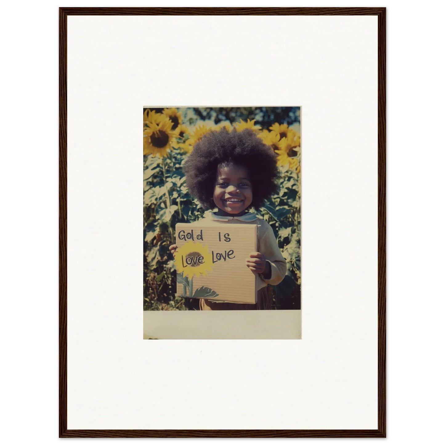 Framed photo of a person with a sign in sunflowers from Sunflower Celestial Harmony