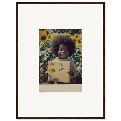 Framed photo of a person with a sign in sunflowers from Sunflower Celestial Harmony