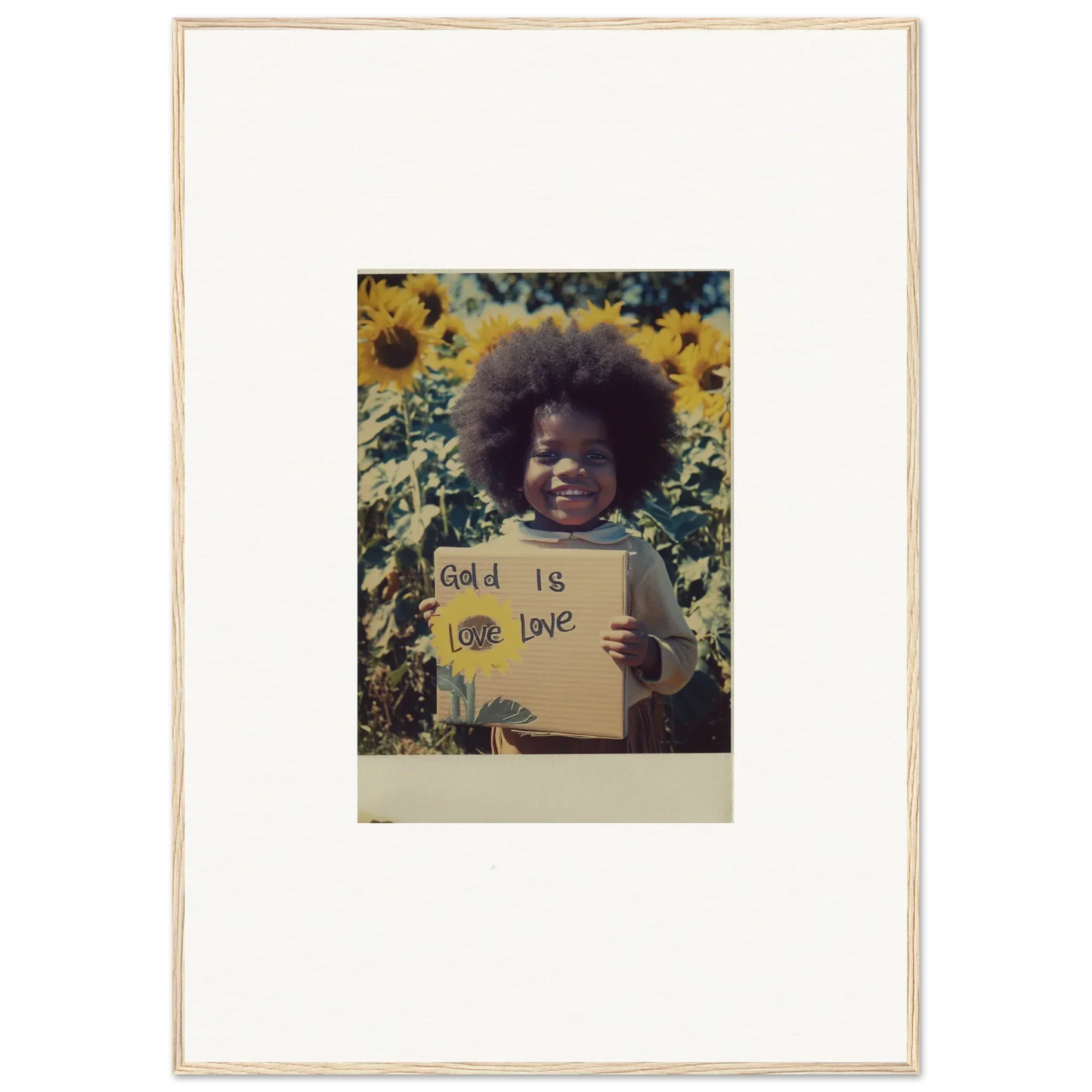 Framed Polaroid of someone in a sunflower field holding a sign for Sunflower Celestial Harmony