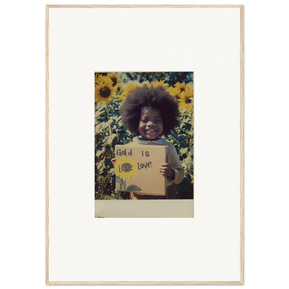 Framed Polaroid of someone in a sunflower field holding a sign for Sunflower Celestial Harmony