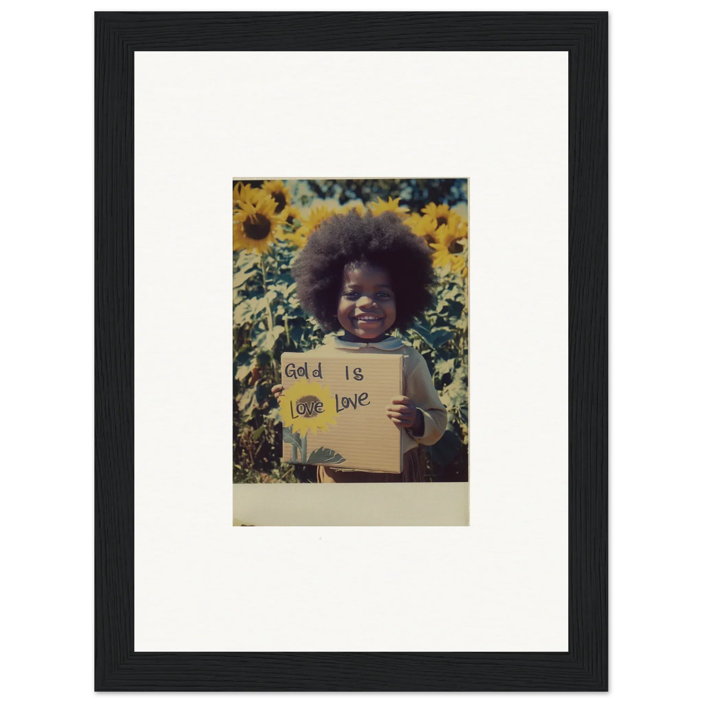 Framed photo of a person with a sign in a sunflower field from Sunflower Celestial Harmony