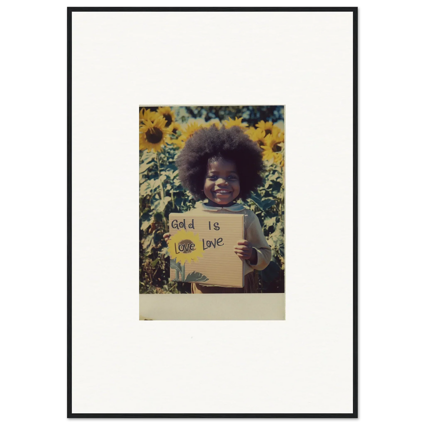 Framed art of a person with a sign in a sunflower field for Sunflower Celestial Harmony