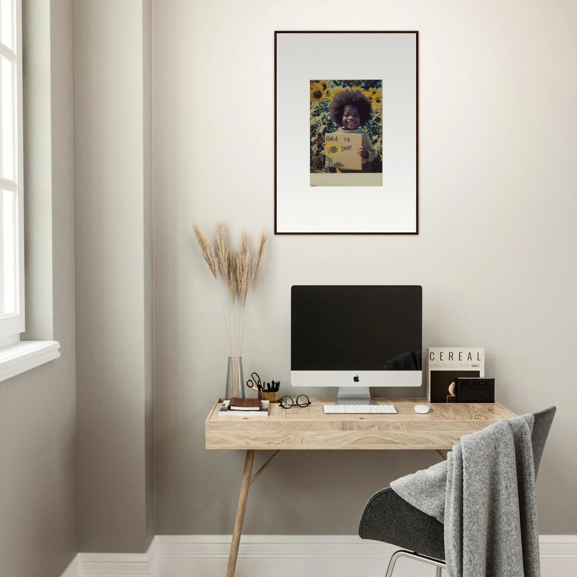 Minimalist wooden desk with iMac and simple decor from Sunflower Celestial Harmony