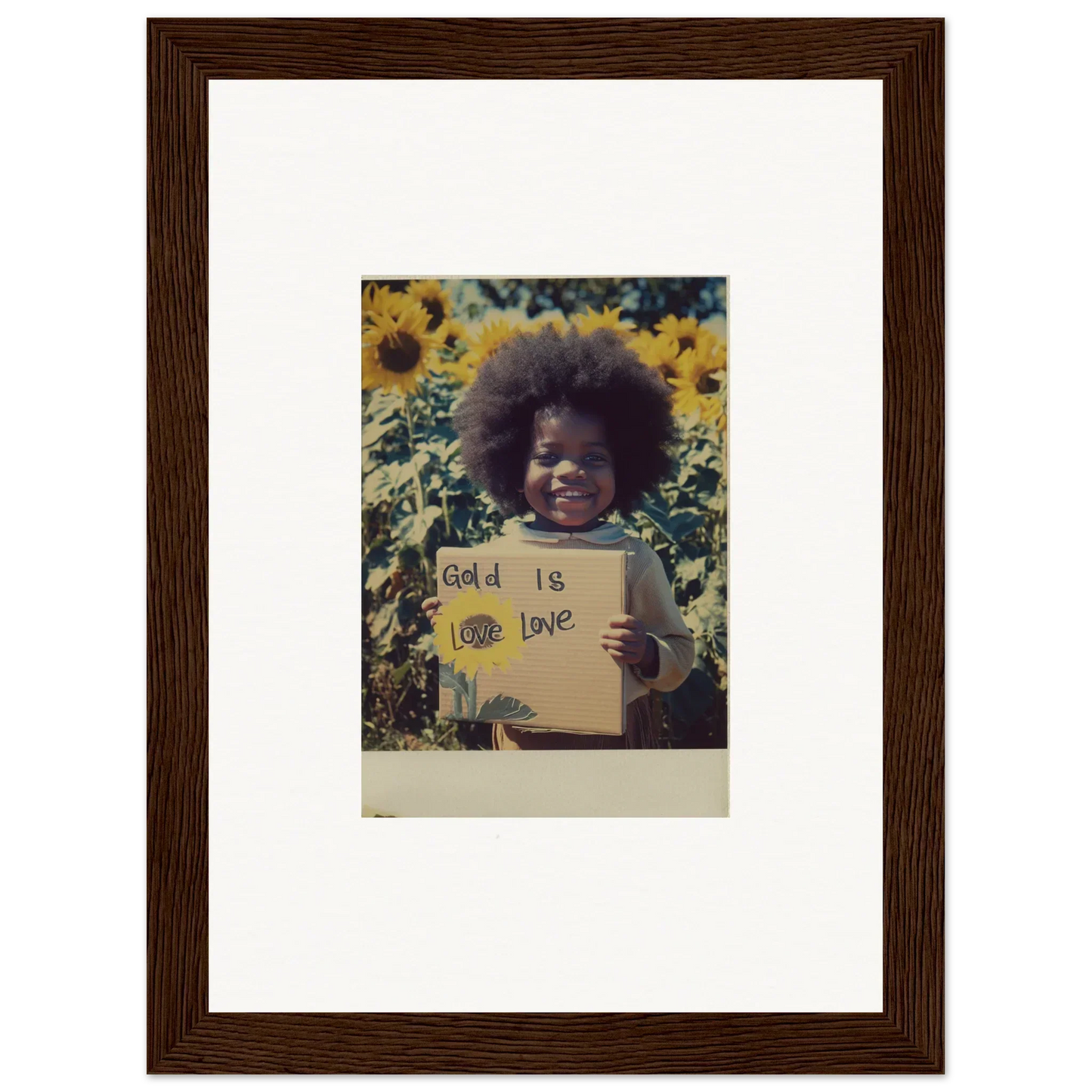 Framed art of a person with a sign in a vibrant sunflower field, Sunflower Celestial Harmony