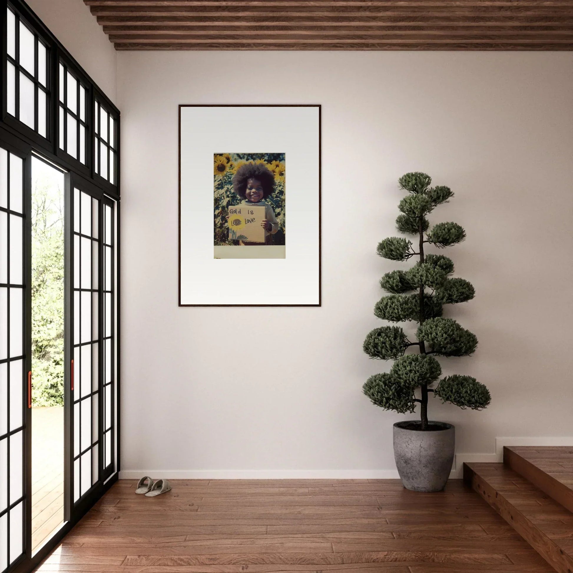 Framed Sunflower Celestial Harmony art on a white wall, highlighting celestial vibes