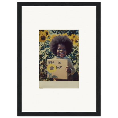 A person with an afro holds a sign surrounded by sunflowers in Sunflower Celestial Harmony