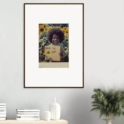 Framed photo of a person with a sign in a sunflower field for Sunflower Celestial Harmony