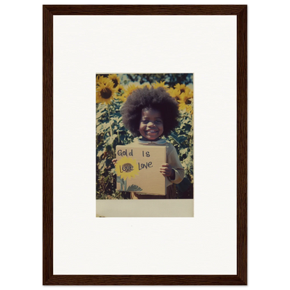 Framed photo of a person with an afro in a sunflower field, celebrating Sunflower Celestial Harmony