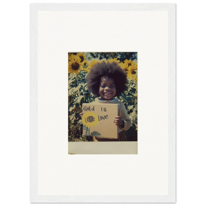 A framed Polaroid of Sunflower Celestial Harmony with a sign in a vibrant sunflower field