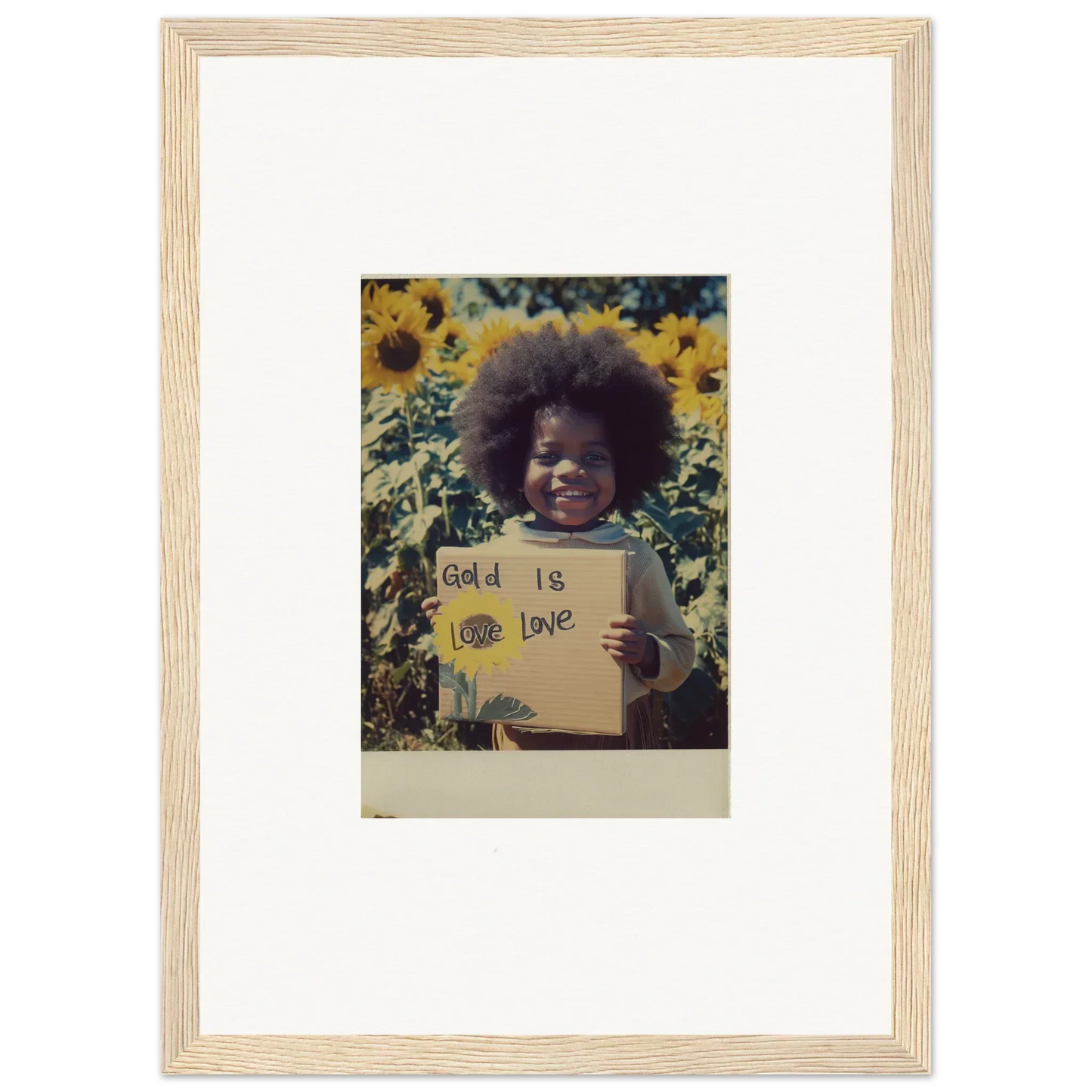 Framed Polaroid of sunflowers with a sign for Sunflower Celestial Harmony special edition art™