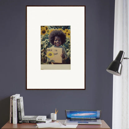 Framed photo of someone with a sign in a sunflower field for Sunflower Celestial Harmony