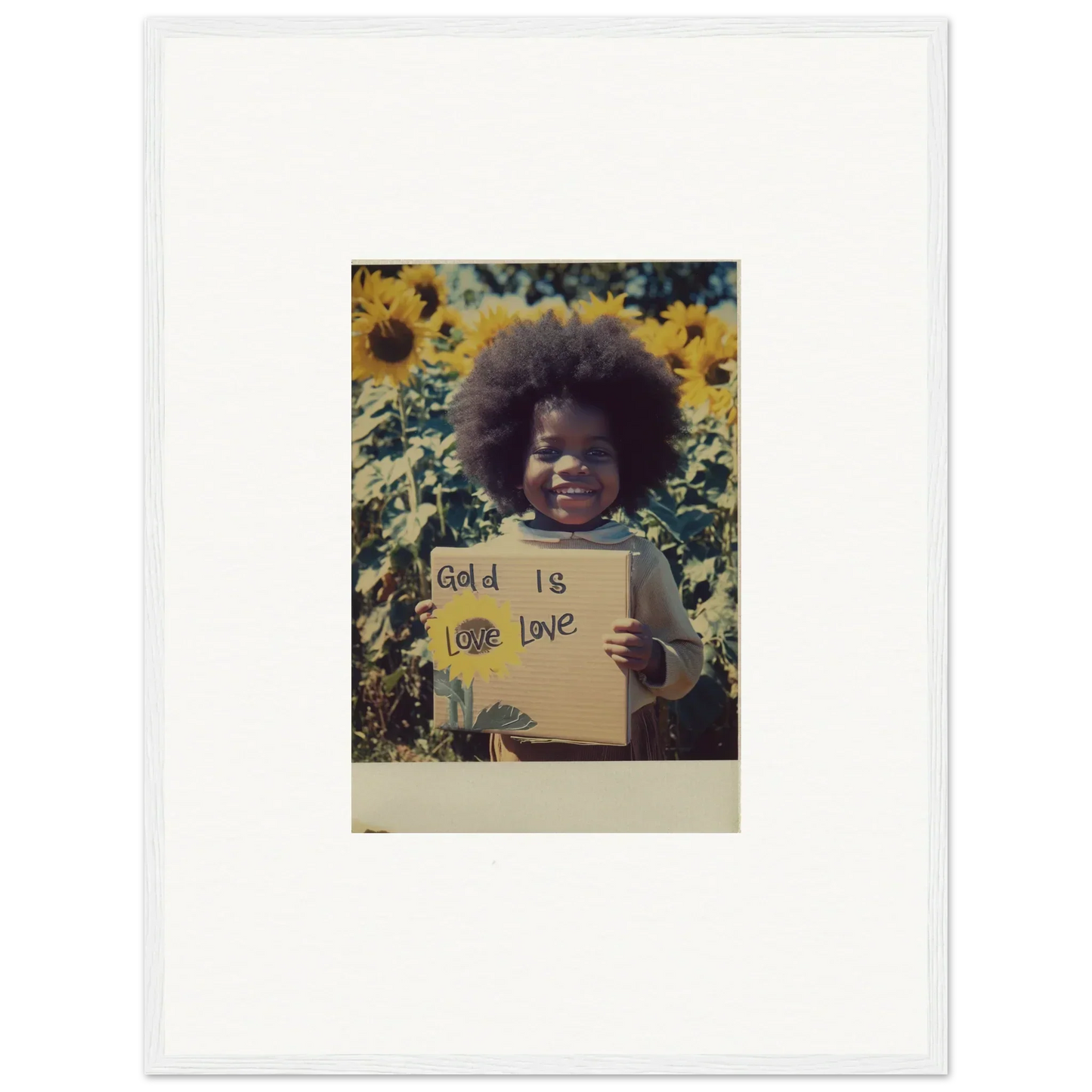 Framed Polaroid of sunflowers with God is love sign in Sunflower Celestial Harmony art