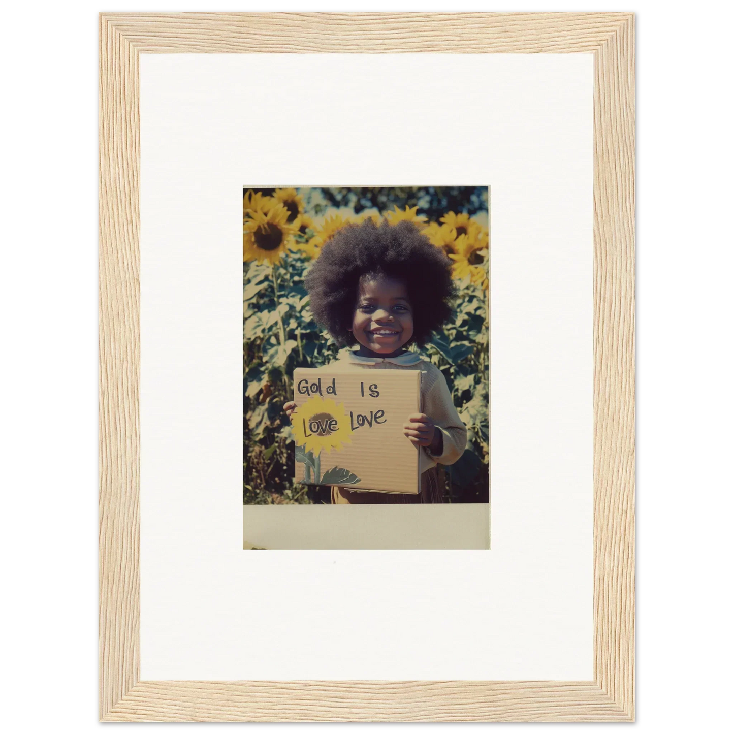 Framed photo of a person in a sunflower field with a sign for Sunflower Celestial Harmony