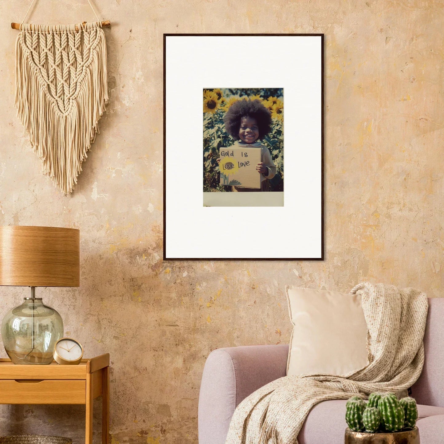 Framed Sunflower Celestial Harmony photo with macrame and a stylish table lamp