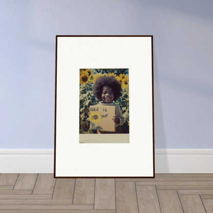 Framed photo of a person in a sunflower field holding a sign for Sunflower Celestial Harmony