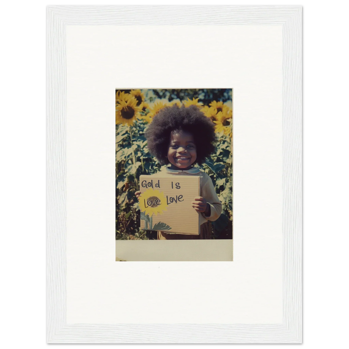 Framed Polaroid of a person with a sign in a sunflower field, Sunflower Celestial Harmony