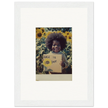 Framed Polaroid of a person with a sign in a sunflower field, Sunflower Celestial Harmony