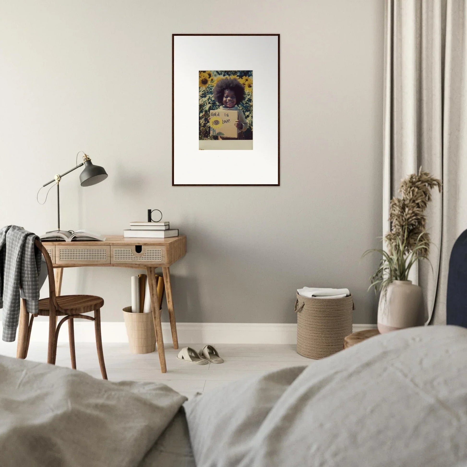 Minimalist bedroom workspace featuring Sunflower Celestial Harmony art with a wooden desk