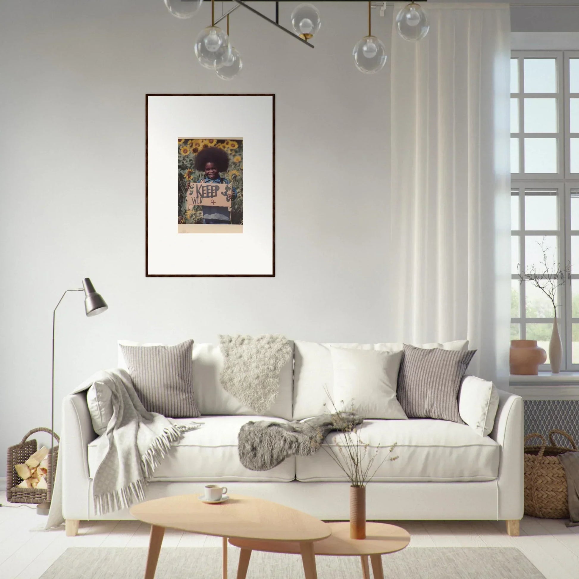 Cozy white sofa with pillows and blankets for a Freedom Symphony-inspired room decoration