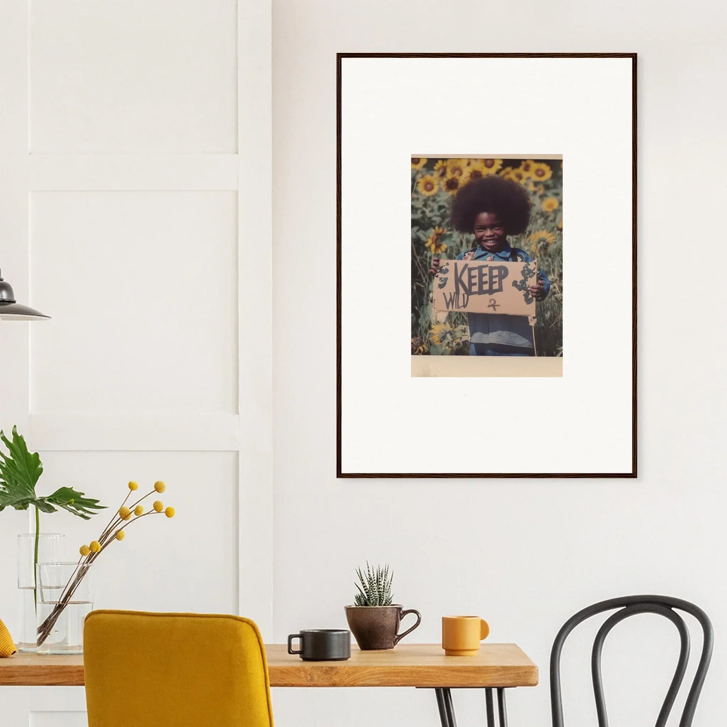 Framed canvas print of a person with an afro in a sunflower field, Freedom Symphony vibe