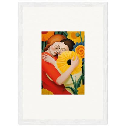 Colorful painting of a person embracing a sunflower for whimsical room decor