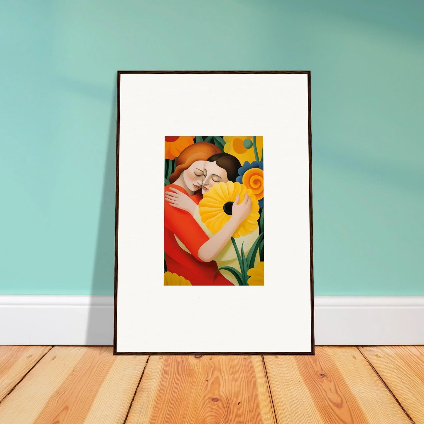 Framed wall art of a figure in red holding yellow flowers, perfect for room decor