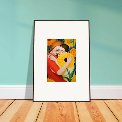 Framed wall art of a figure in red holding yellow flowers, perfect for room decor