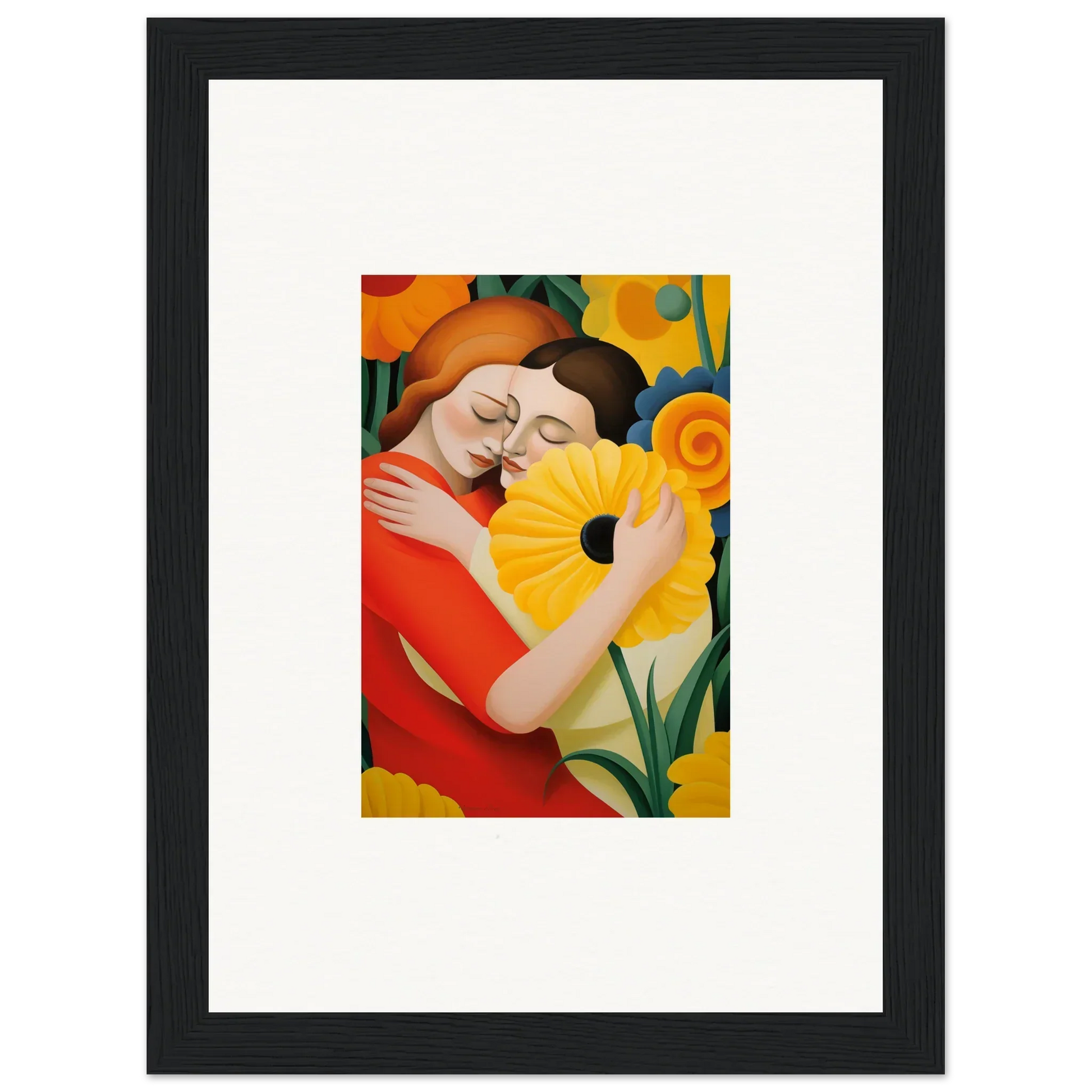 Colorful painting of embracing figures with a sunflower for room decor and framed wall art