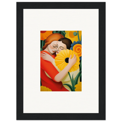 Colorful painting of embracing figures with a sunflower for room decor and framed wall art