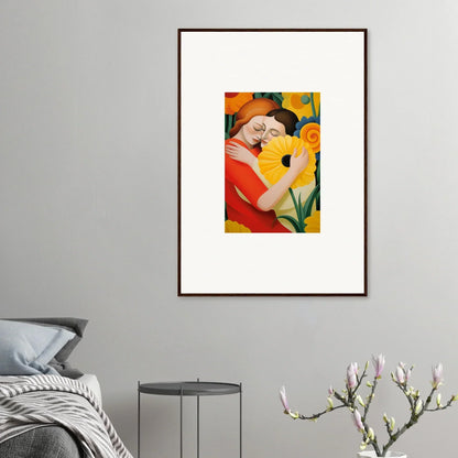 Framed wall art of colorful whispering souls portrait with floral elements for room decor