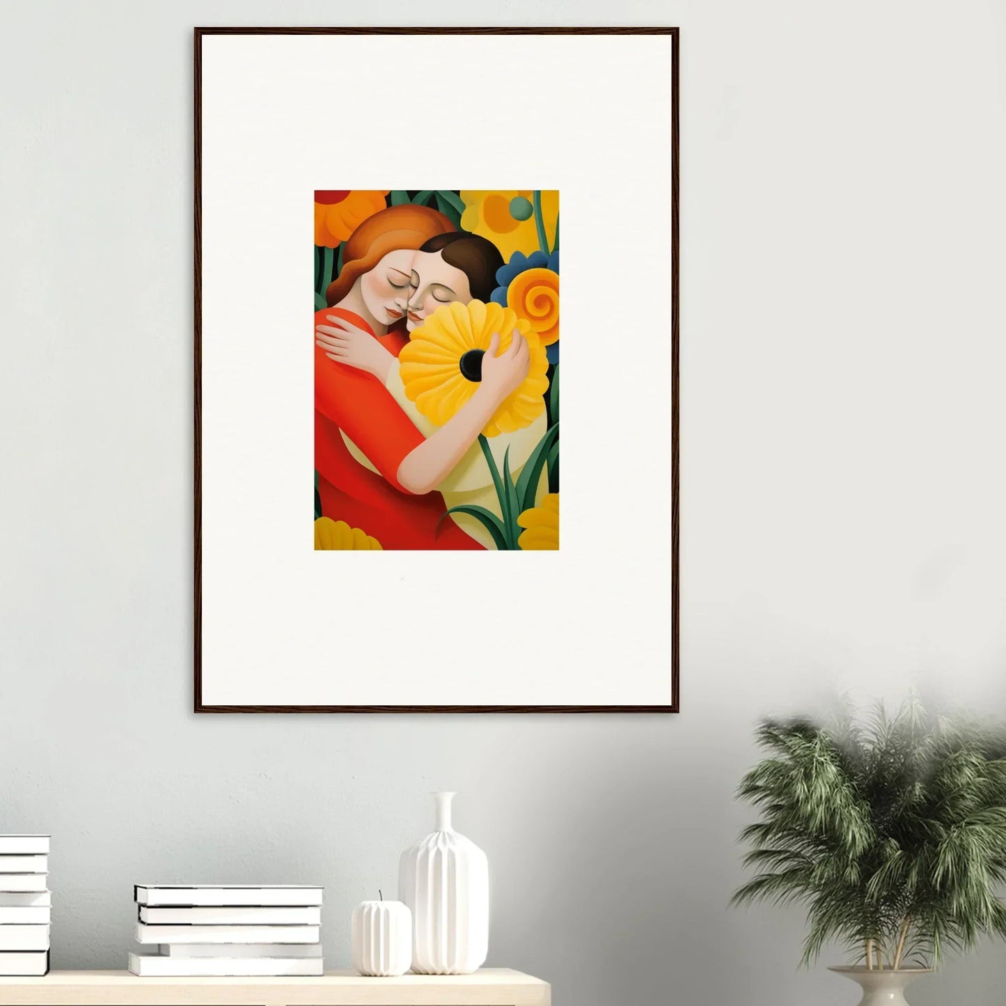 Framed wall art of embracing couple with yellow flowers, perfect room decor, Whispering Souls