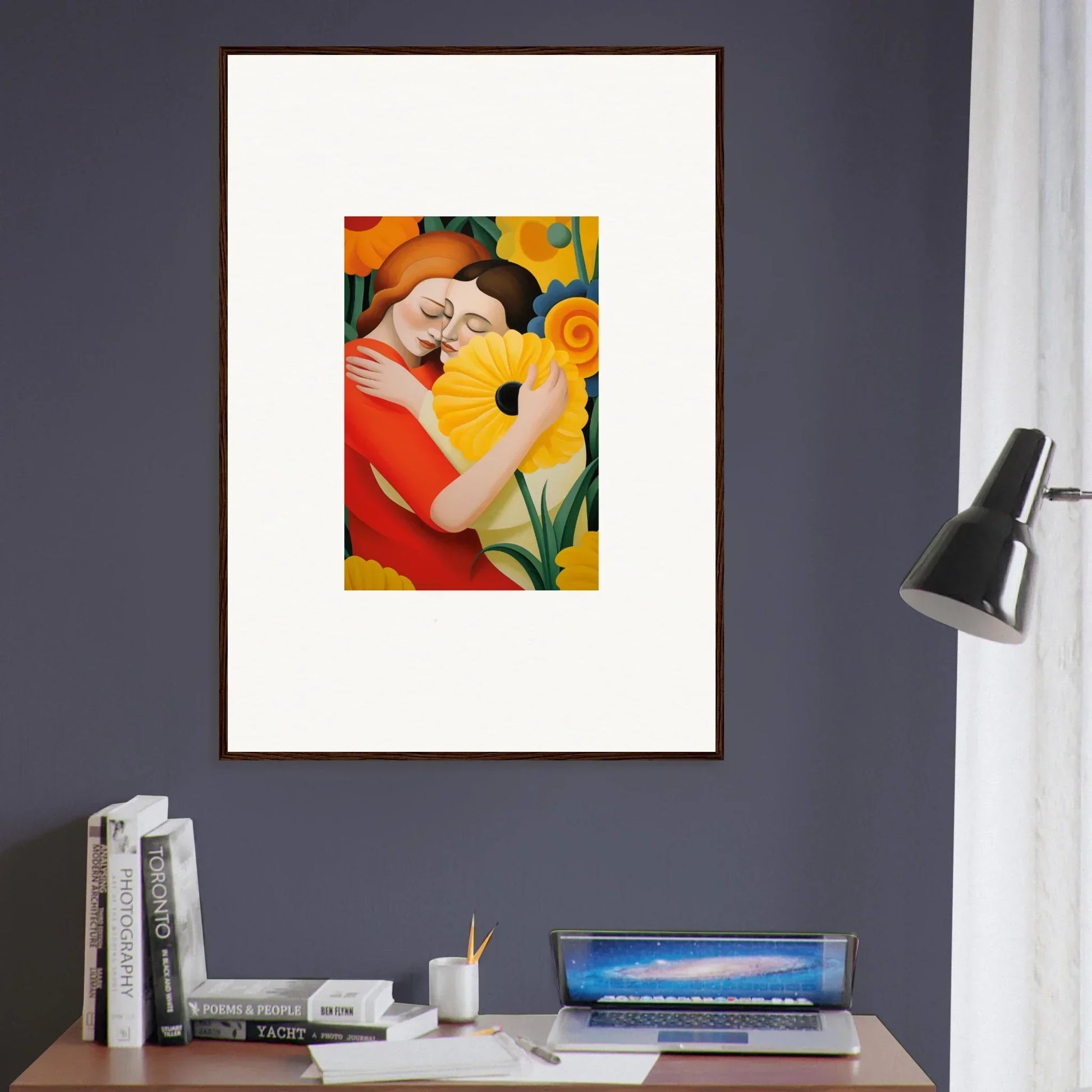 Framed wall art of colorful figure embracing a yellow sunflower for room decor