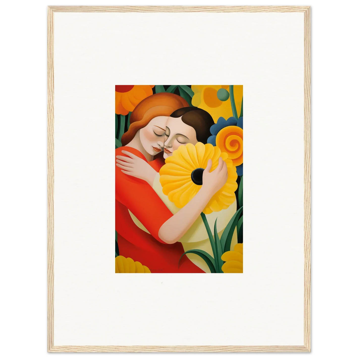 Colorful painting of embracing figures with sunflower for Room Decor and Framed Wall Art