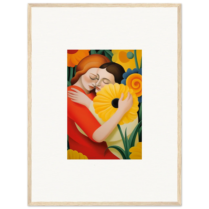 Colorful painting of embracing figures with sunflower for Room Decor and Framed Wall Art