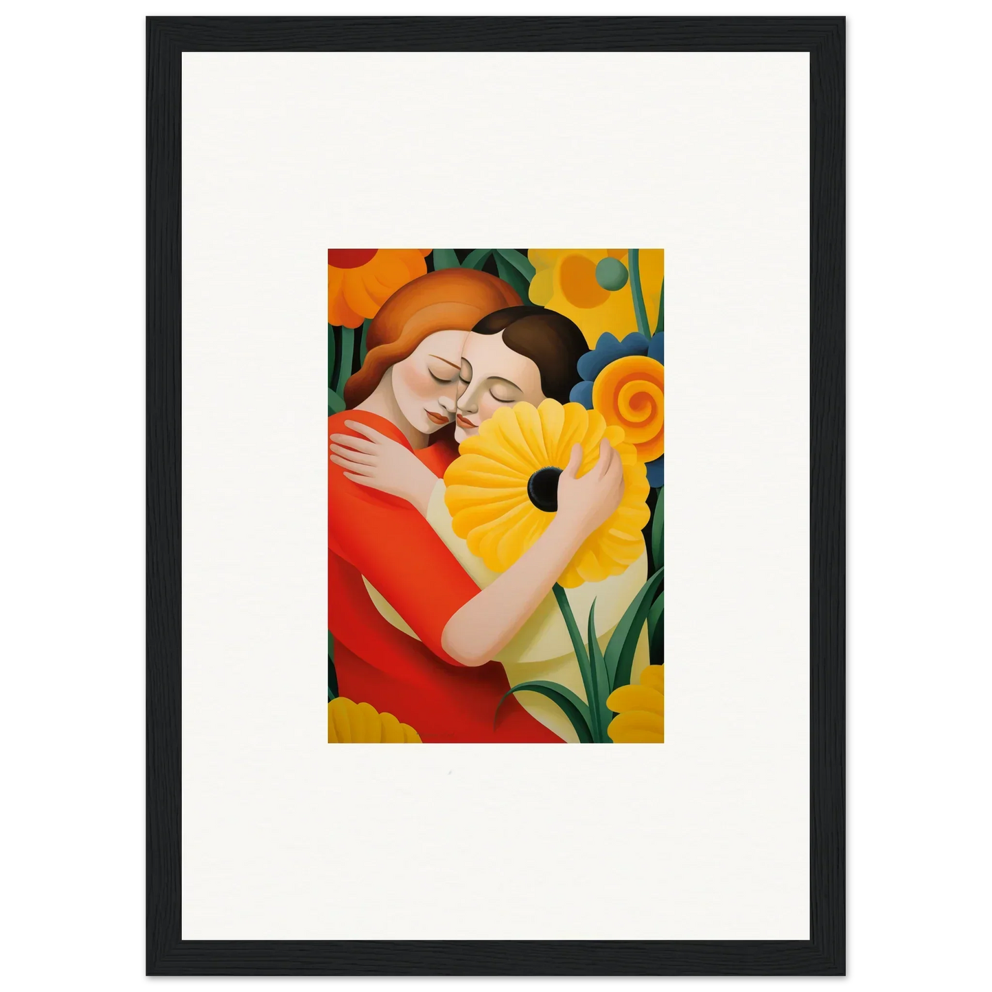 Colorful painting of a person embracing a yellow flower for room decor, whispering souls