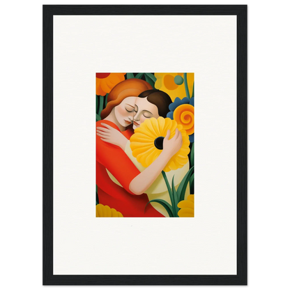 Colorful painting of a person embracing a yellow flower for room decor, whispering souls