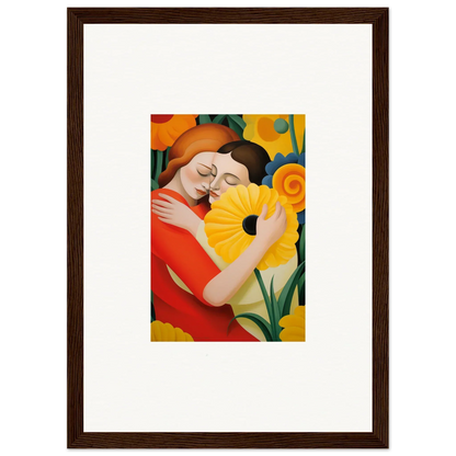 Framed wall art of embracing figures with a sunflower for serene room decor