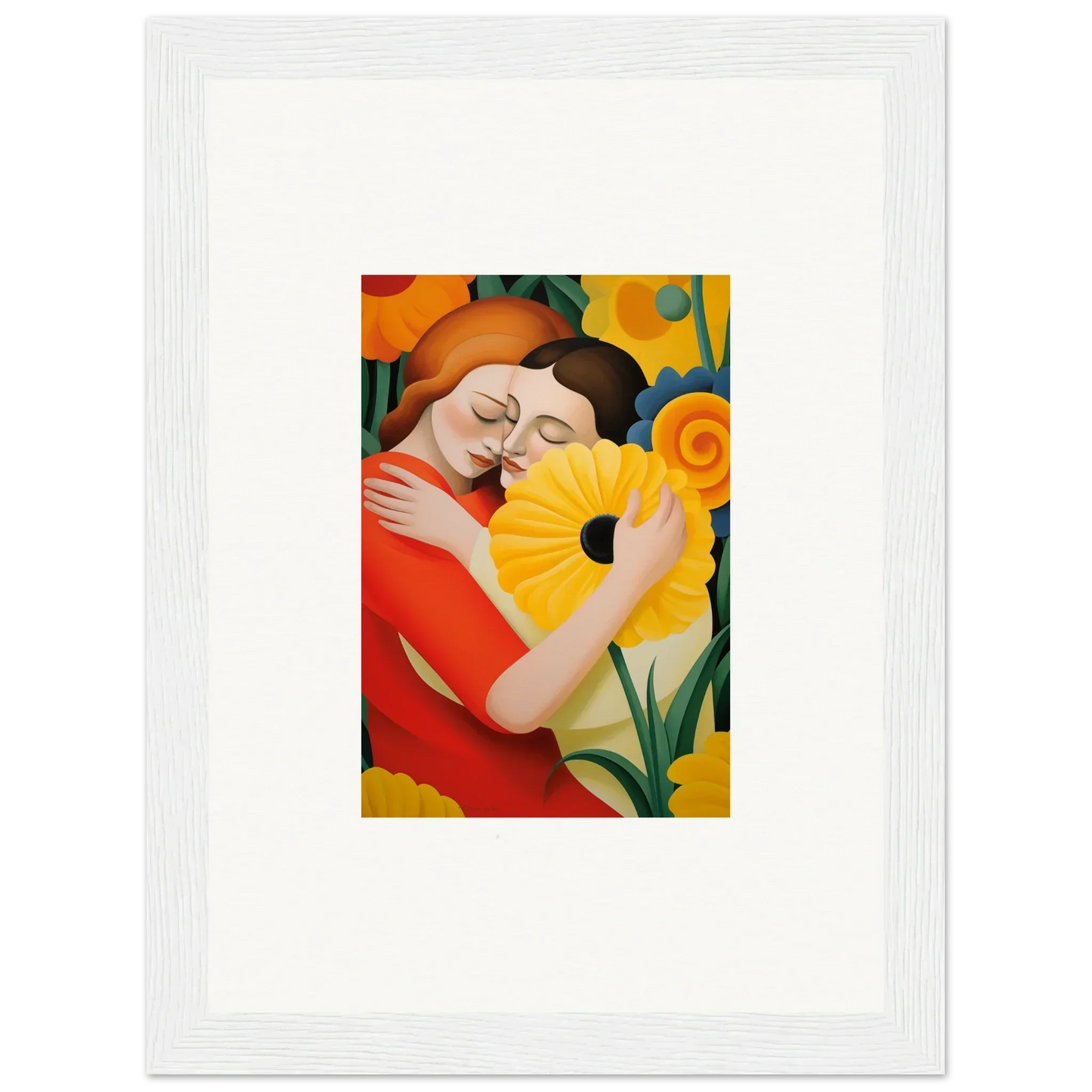 Colorful painting of a person with a yellow flower, part of Whispering Souls room decor