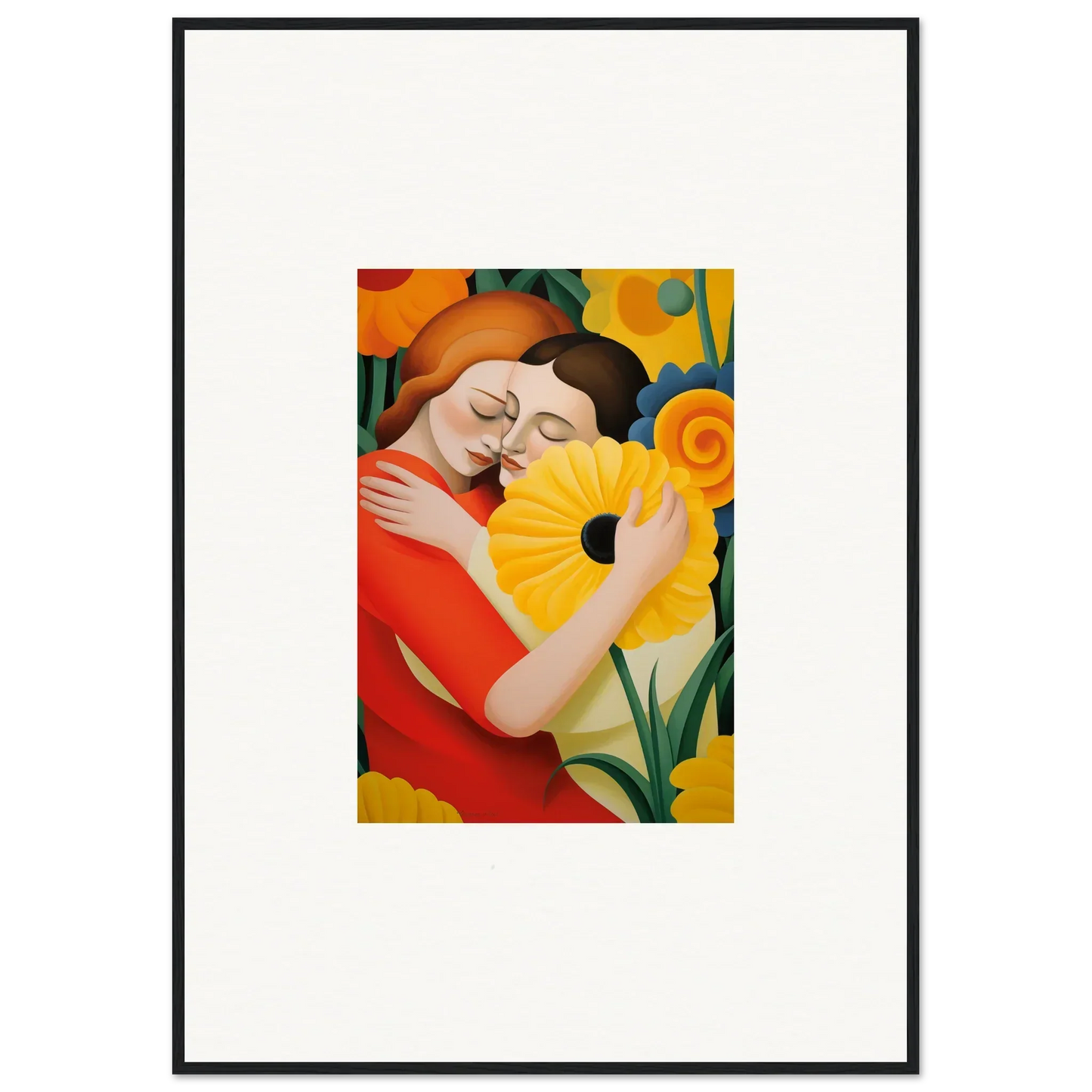 Colorful painting of embracing figures and a sunflower for beautiful room decor