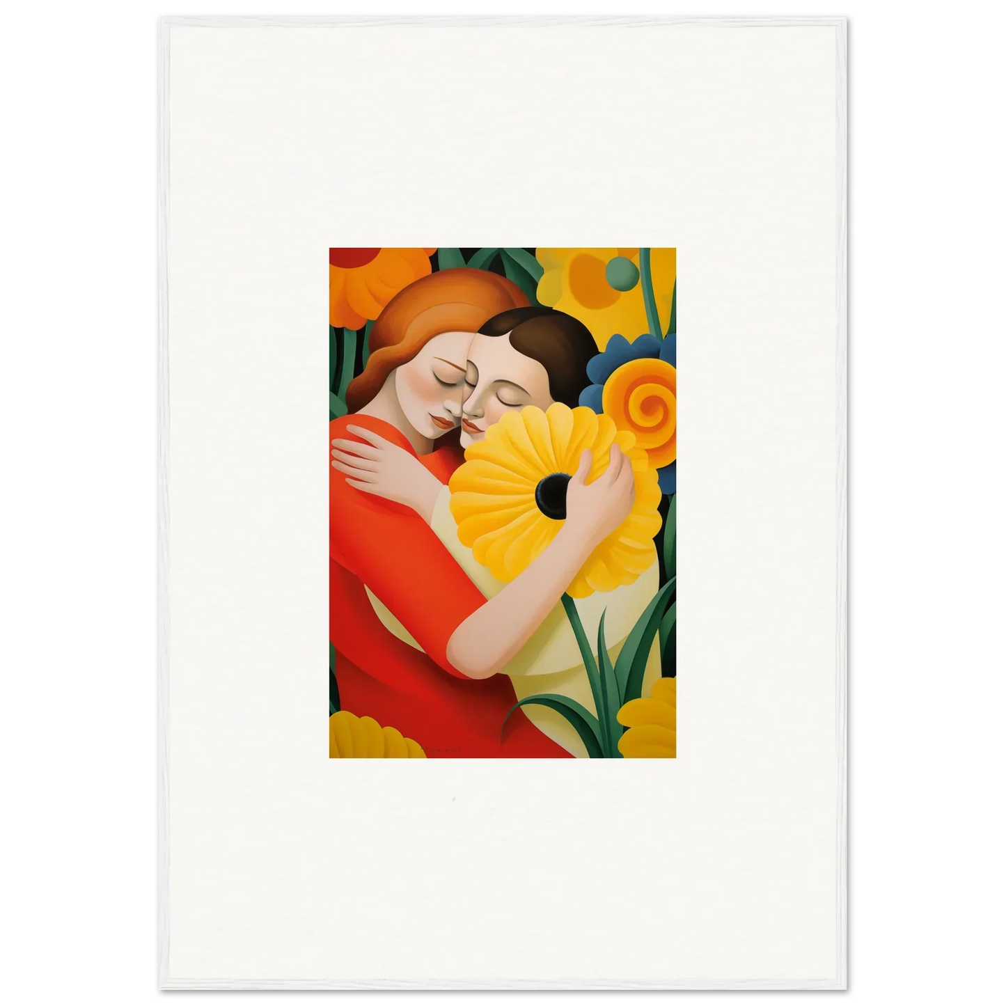 Colorful painting of embracing figures with sunflower for room decor, Whispering Souls