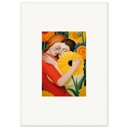 Colorful painting of embracing figures with sunflower for room decor, Whispering Souls