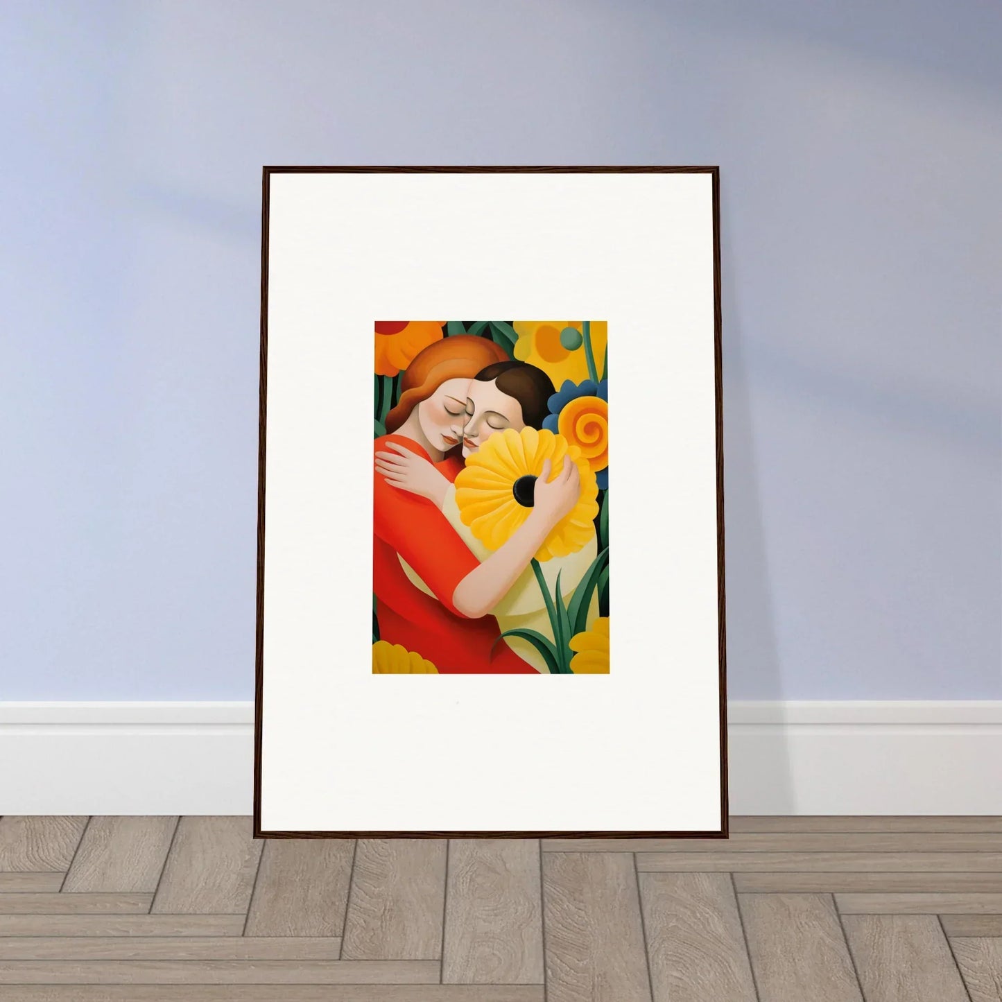 Framed wall art featuring a colorful abstract figure with a sunflower for room decor