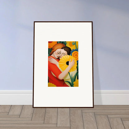 Framed wall art featuring a colorful abstract figure with a sunflower for room decor