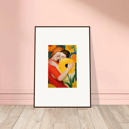 Framed wall art of whispering souls embracing in a floral design for room decor