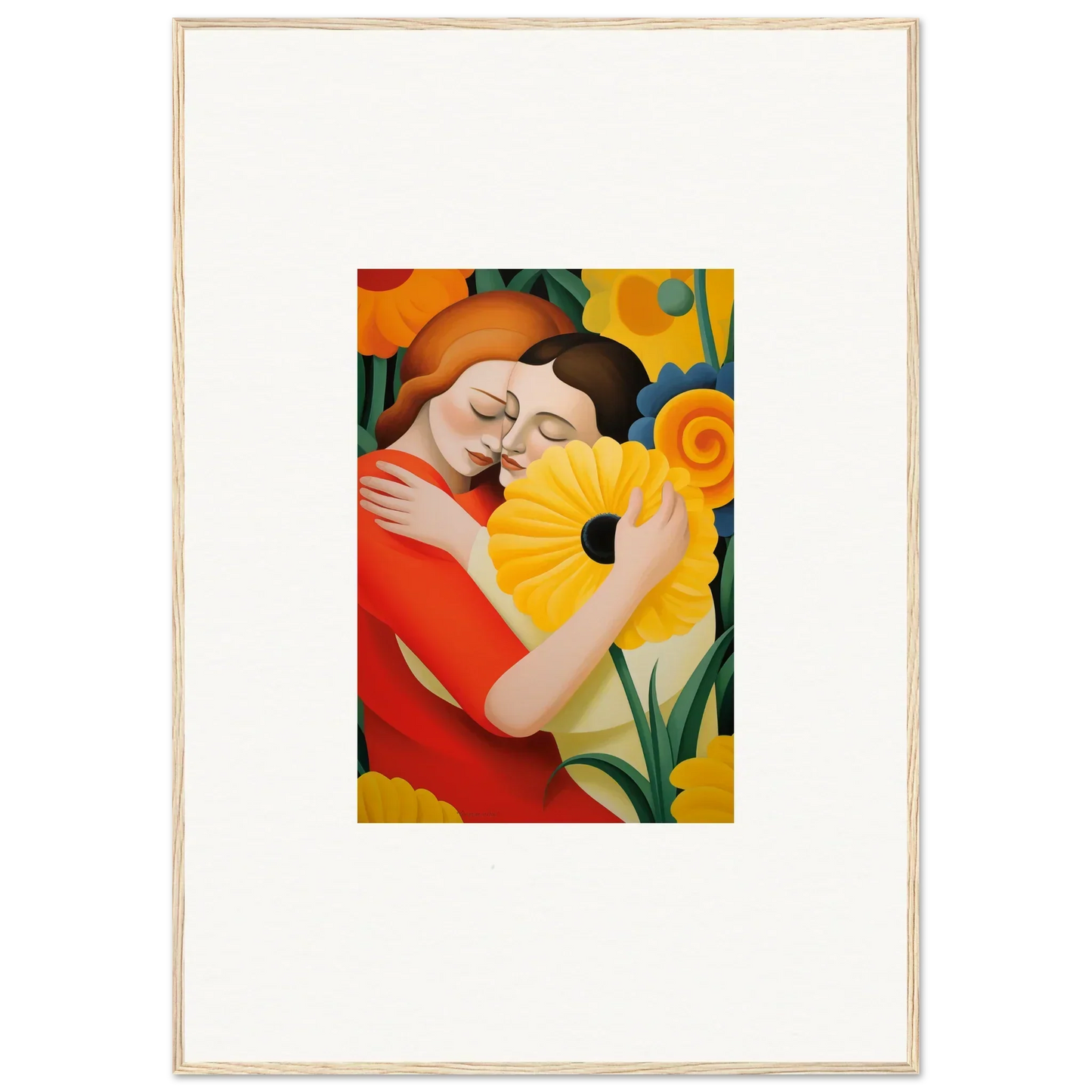 Colorful painting of embracing figures with sunflower for whimsical room decor