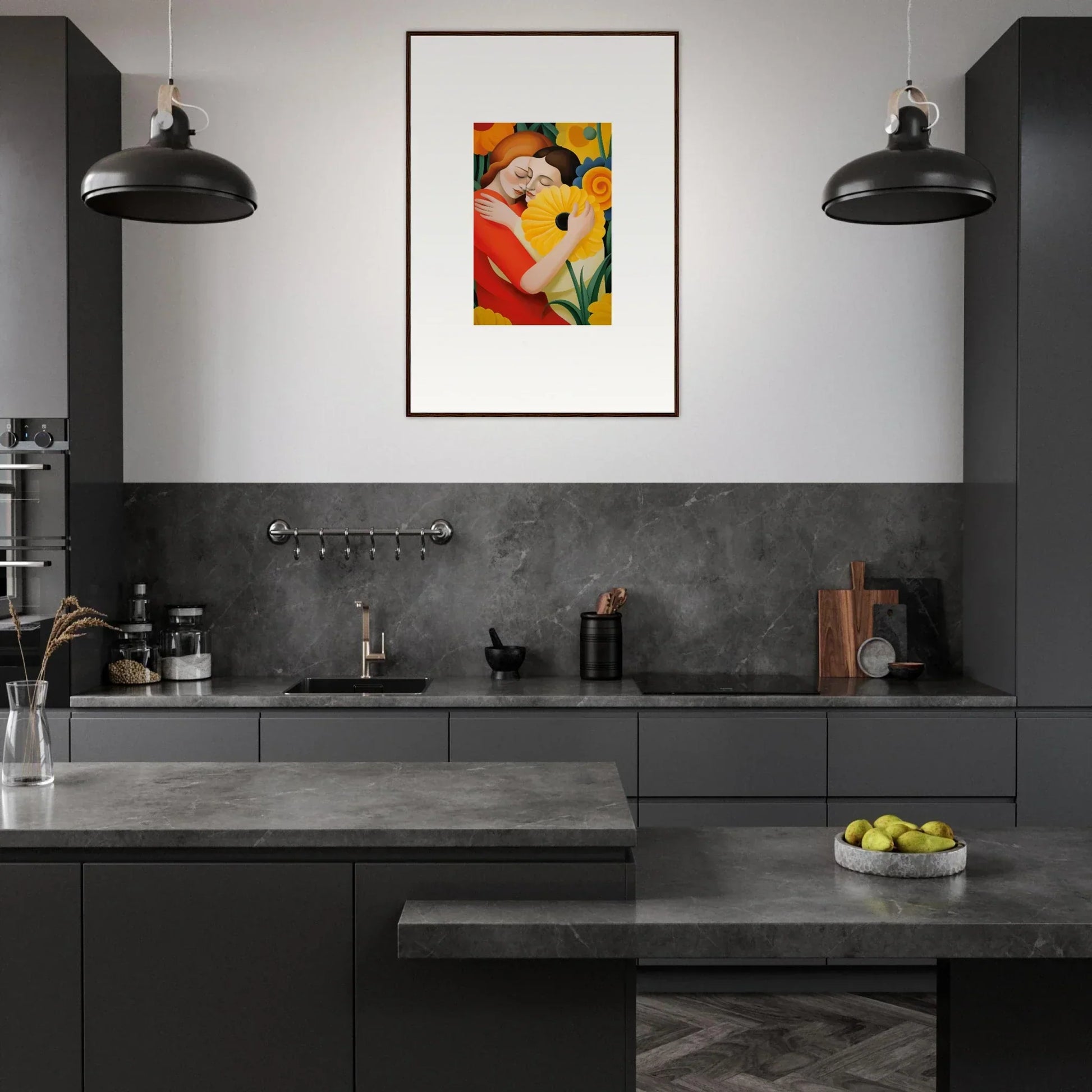 Modern kitchen with dark cabinetry, concrete countertops, and framed wall art whispering souls