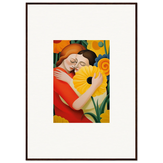 Framed wall art of whispering souls embracing with a vibrant sunflower for room decor