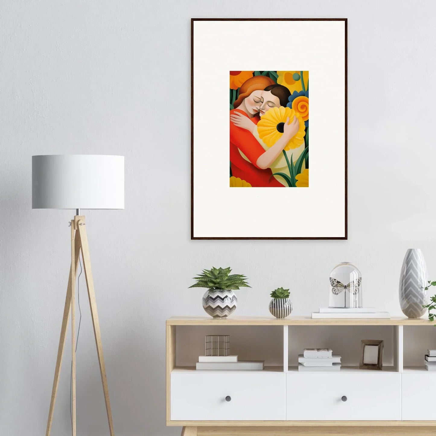 Framed colorful abstract painting of a figure holding a flower for room decor